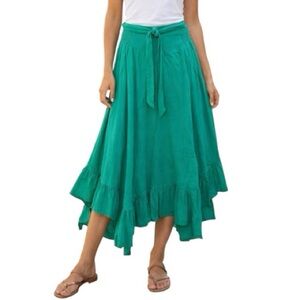 Threadgood Clothing Co Green Smocked Waist
Ruffle Hem Midi Skirt Viscose Small